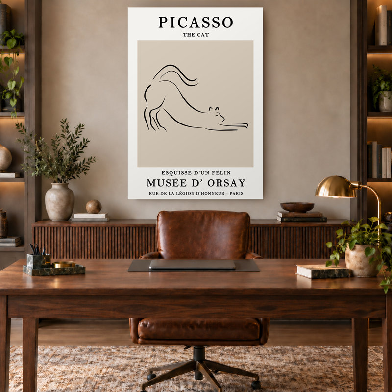 Affiche d'exposition d'art minimaliste avec un chat beige, impression sur toile, H 36 po x l 24 po