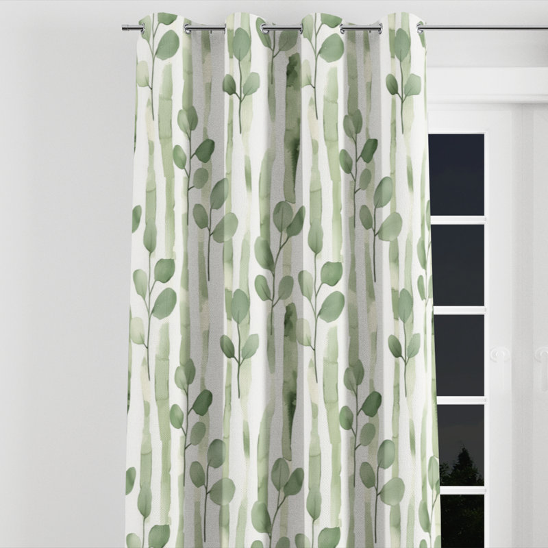 Country Farmhouse Room Darkening Curtains - Striped Green And White Eucalyptus Lines Grommet Curtain - 1 Panel, 52" W x 63" L
