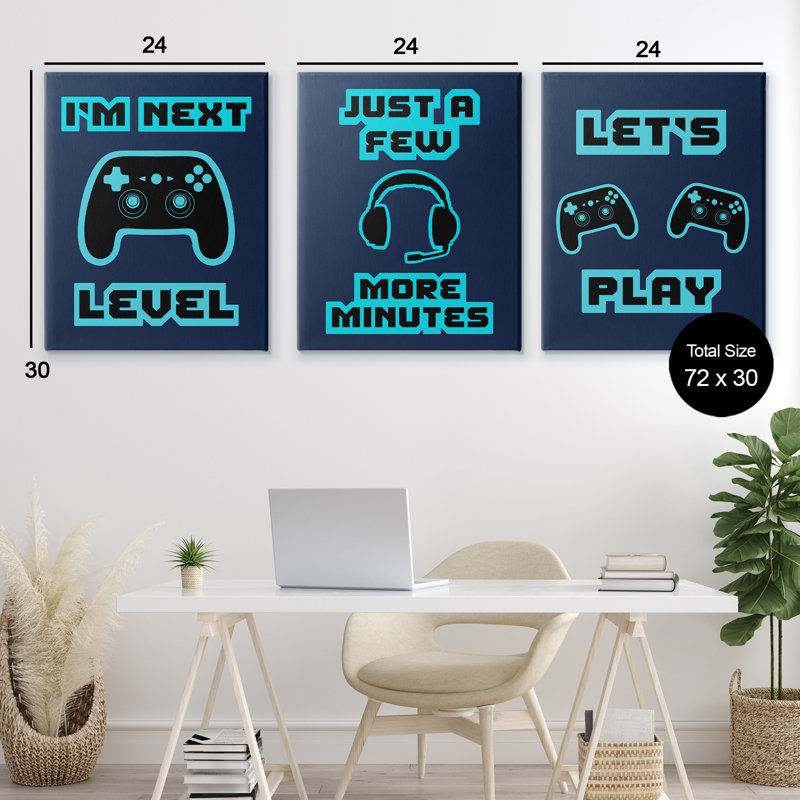 Ensemble de 3 toiles rétro avec mots de jeu bleus, design par Marcus Prime, H 30 po x l 72 po