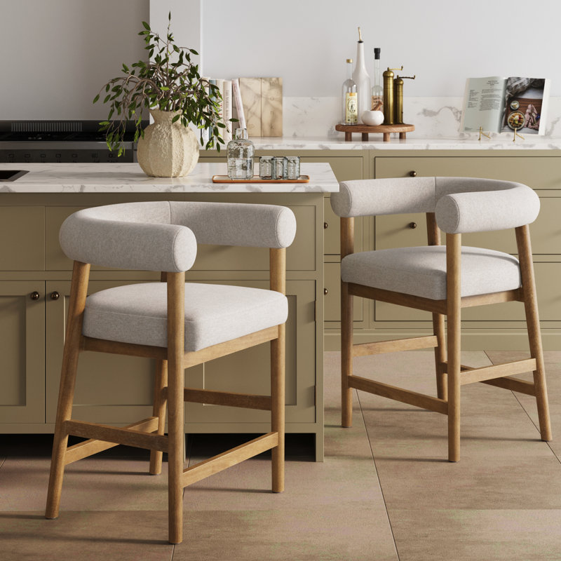 Barrel Back Bar Stool with Solid Wood Legs and Curved Back, 1