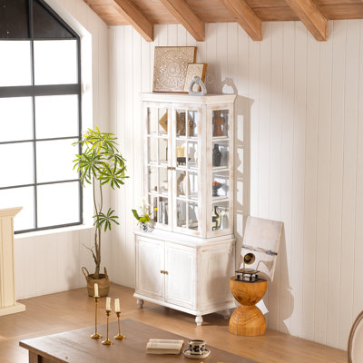 Vitrine 77,5 po H vintage avec rangement, garde-manger de style campagnard avec portes en verre, huche en verre à 3 côtés, vitrine pour couloirs, cuisine de salon et lavage de bureau