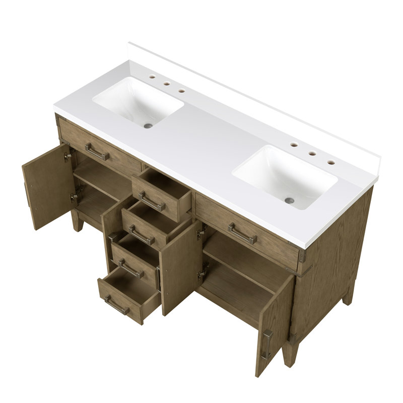 Meuble-lavabo double en chêne gris 60 po Long, 22 po de profondeur avec plateau en marbre de culture poli, structure en bois massif, mécanisme de fermeture en douceur, deux armoires, quatre tiroirs et une tablette pour l'espace de rangement, 8 trous pré-percés