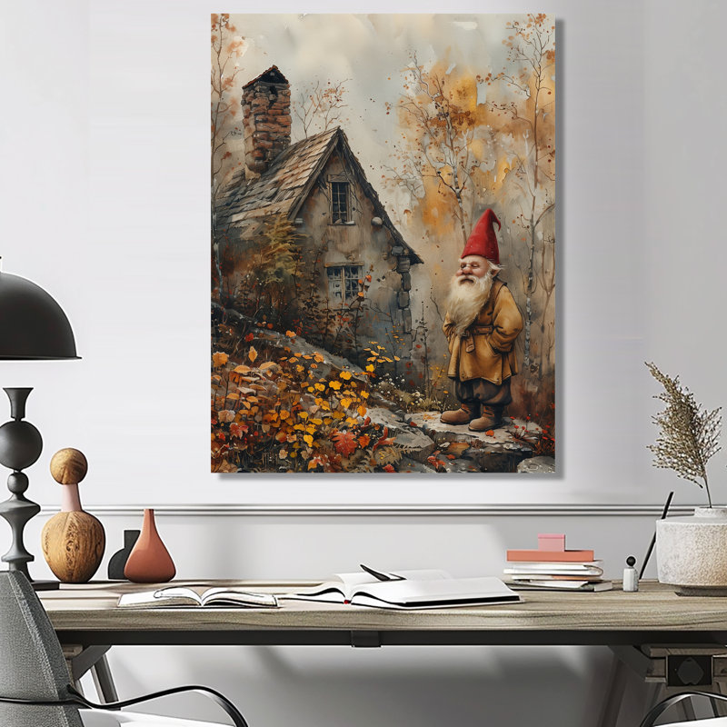 Gris, rouge, automne, jardin, gnome - impression d'art mural gnome, Sans cadre, métal, H 16 po x l 32 po