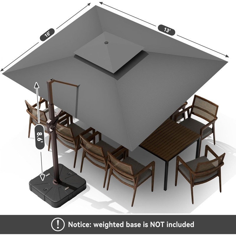 Gray 10 x 13 FT Cantilever Outdoor Patio Umbrella with LED Lights