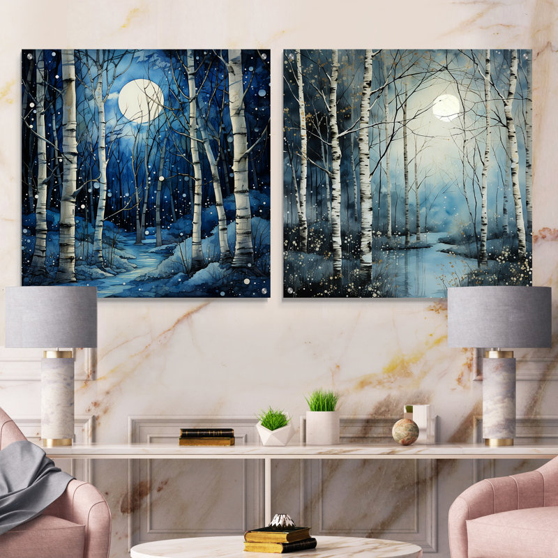 Birch Woods Gilded Pathway I - Ensemble de 2 peintures murales en acrylique, H 36 po x l 73 po