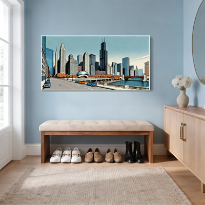 Chicago Cityscape Skyline Canvas Wrapped Wall Art Urban Landscape Print With Cloud Gate And River Scene For Living Room Or Office Decor