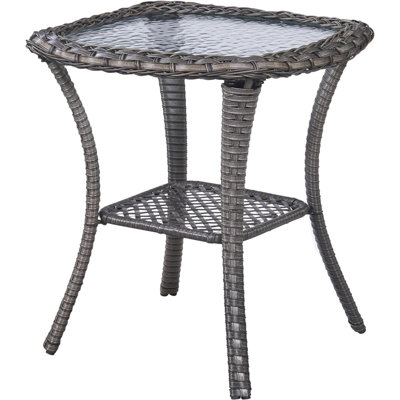 Small Outdoor Side Table - 50 LBS Weight Capacity Wicker Side Table With Storage, Tempered Glass Top Patio Side Table For Porch Balcony Deck Garden