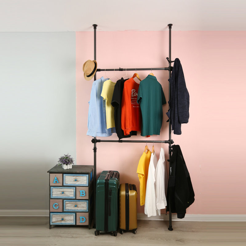 Telescopic Garment Rack, Heavy Duty Design Movable DIY By Hand No Damage To Wall Ceiling Hanging Rail, 31-47In Wide Adjustable, 120 Kilogram Loading, Reach Hook Included