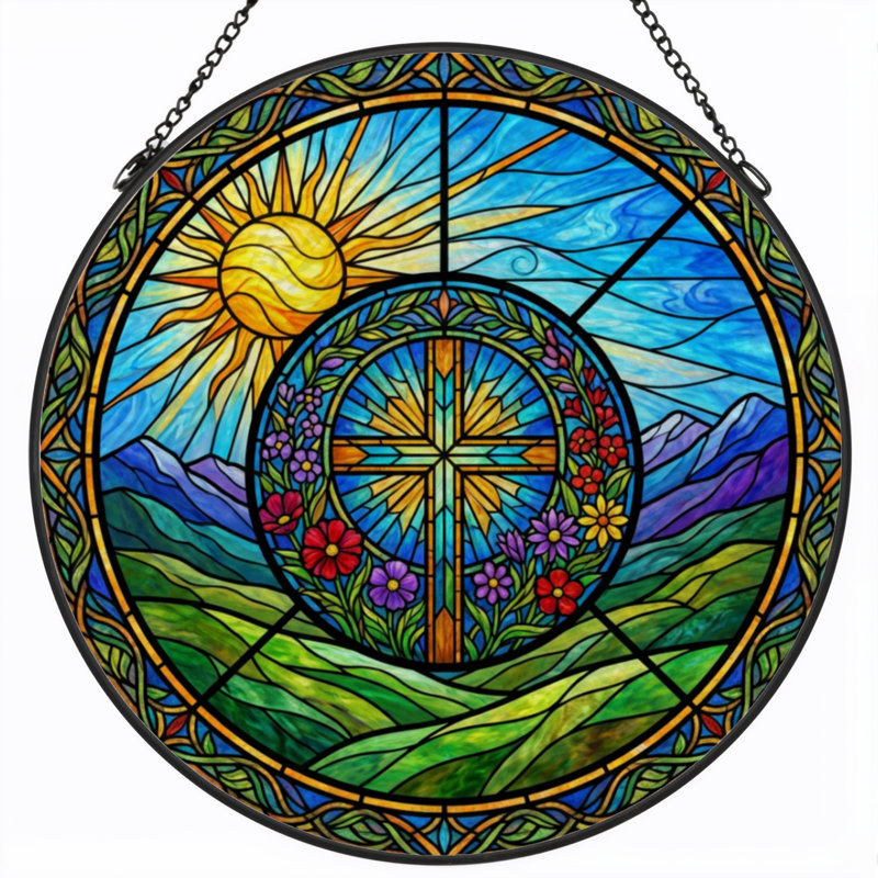 Panneau de vitrail 12 "H Sun Cross, 12" H x 12" W