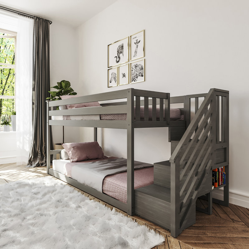 Aileana Twin Over Twin Solid Wood Low Bunk Bed with Stairs, Clay