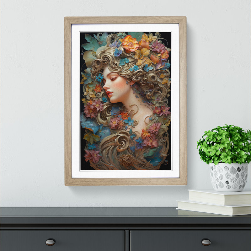Floral Nouveau - Single Picture Frame Print on Wood, Oak Framed, 34cm H x 25cm W