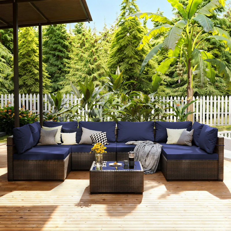 7-piece wicker patio conversation sets with cushions, Navy Blue