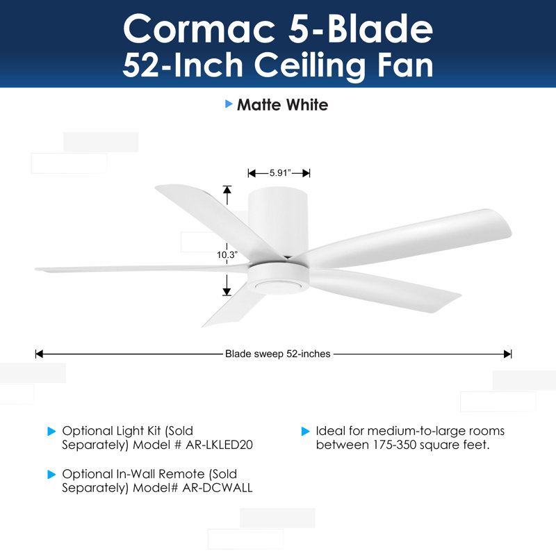 CORMAC 52 inch 5-Blade Hugger Ceiling Fan With Remote - (No Light), Matte White