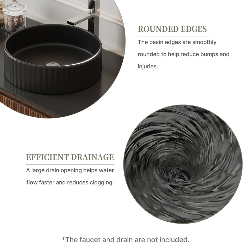14'' Round Bathroom Sink, Striped Vessel Ceramic Basin Without Faucet, No Cabinet, Black