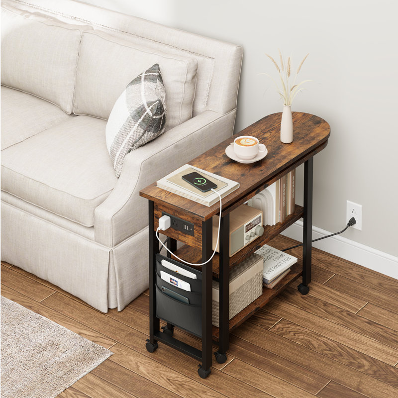 360° Rotating Sofa Side Table with Charging Station, 2-Tier End Table with Wheels, Hidden Storage Pocket, and Movable Laptop Desk