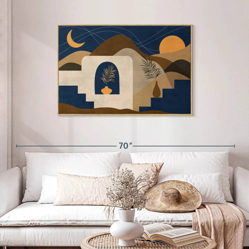Boho, soleil, lune et montagnes II, Cadre flottant en bois naturel, 43 po x 29 po