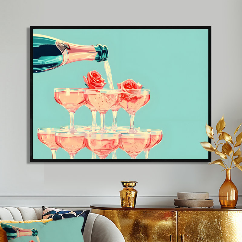 Champagne champagne bulles - Art mural champagne, Toile avec cadre flottant noir, H 12 po x l 20 po x P 1 po