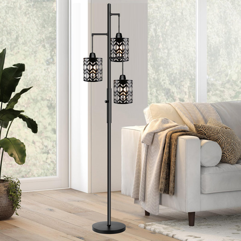 Lampe sur pied 3 lumières rustique transparente avec interrupteur à pédale et cages suspendues industrielles
