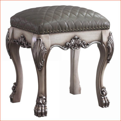 Tabouret de coiffeuse, finition ivoire rétro avec siège capitonné en similicuir gris ardoise | Similicuir | Gris ardoise