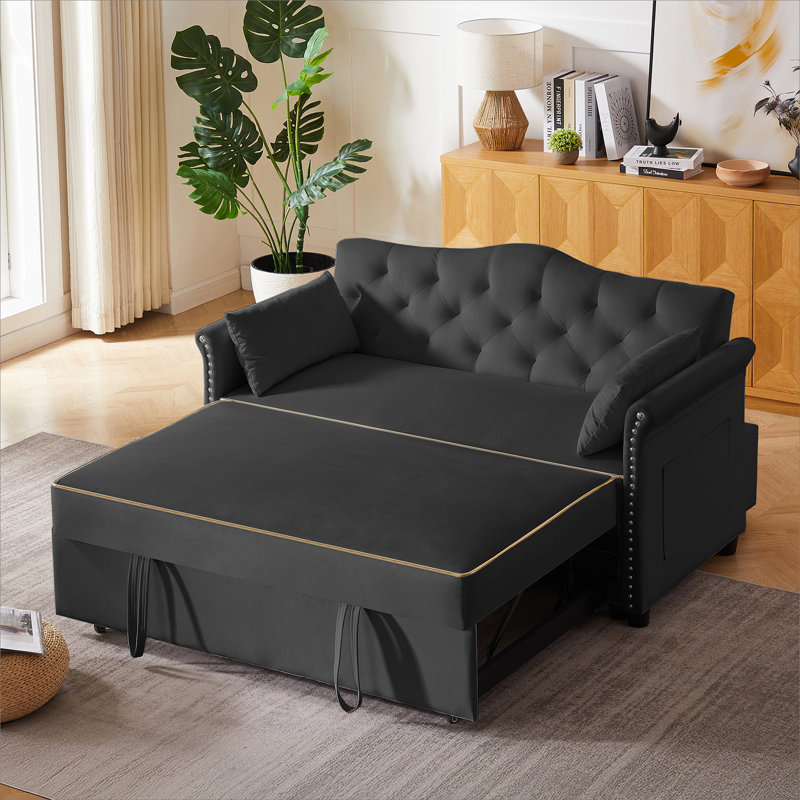 Black Velvet Sleeper Sofa Bed, Black