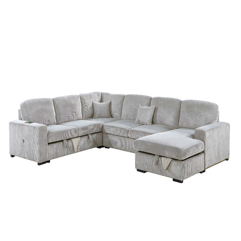 Modern Design 4Pc Convertible Sectional Storage Compartment Matching Pillow Pull Out Bed USB Port Corduroy Upholstered Ivory Finish Primary Living Room
