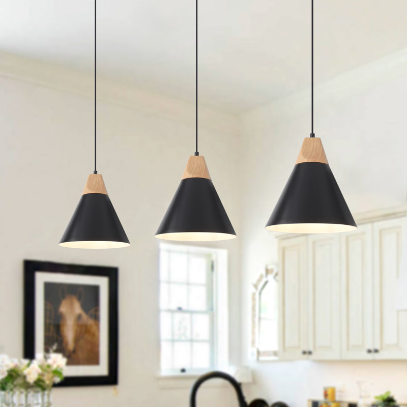 Hinsinger 3-Light 9.4“ Wide Single Cone Kitchen Island Pendant Light with Wood Accents, Black