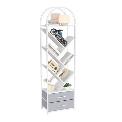 6-Tier Tree Bookshelf with 2 Fabric Drawers, Tall Narrow Industrial Bookcase, Space-Saving Storage Shelf for Bedroom, Living Room, and Home Office