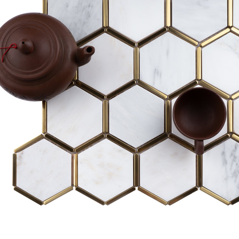 Natural Bianco 3" x 3" Marble Honeycomb Mosaic Wall Tile, White/Gold