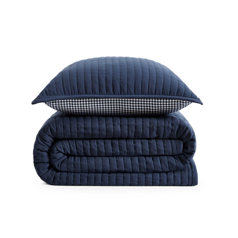 Tommy Hilfiger Solid/Gardena Check Blue Reversible Quilt Set, Queen Quilt + 2 Standard Shams