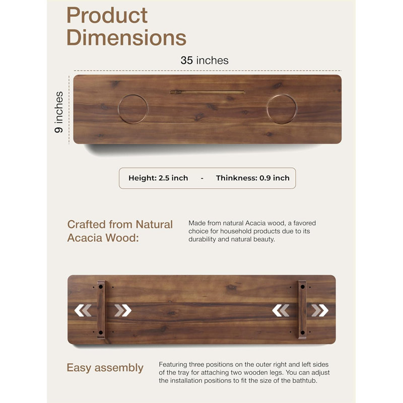 Premium 35 inch Solid Wood Bathtub Tray - Large & Thick Bath Tub Tray - Solid  Bath Tray For Tub, 2.5" H x 35" W x 9" D