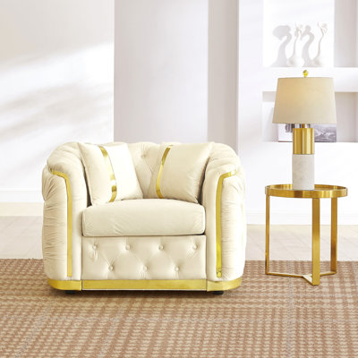 40.6 Inches Mid Century Modern Chesterfield 1-Seater Sofa, Luxury Velvet White And Gold Couch For Living Room Tufted Armchair With Stainless Steel Decoration & 2 Pillow