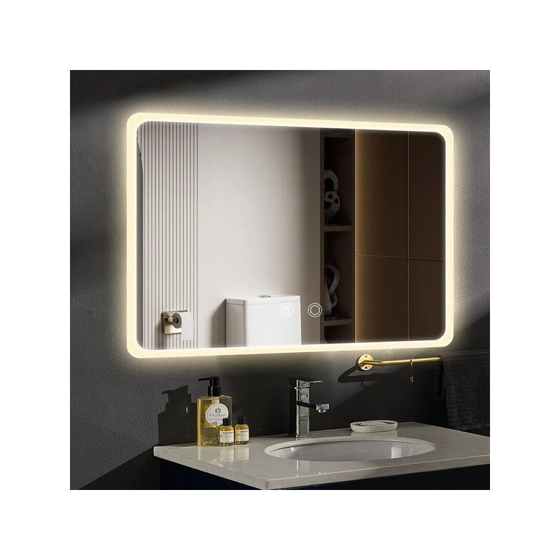 Miroir de salle de bain mural avec capteur tactile AC et 3 lumières colorées antibuée, 34 po x 27 po