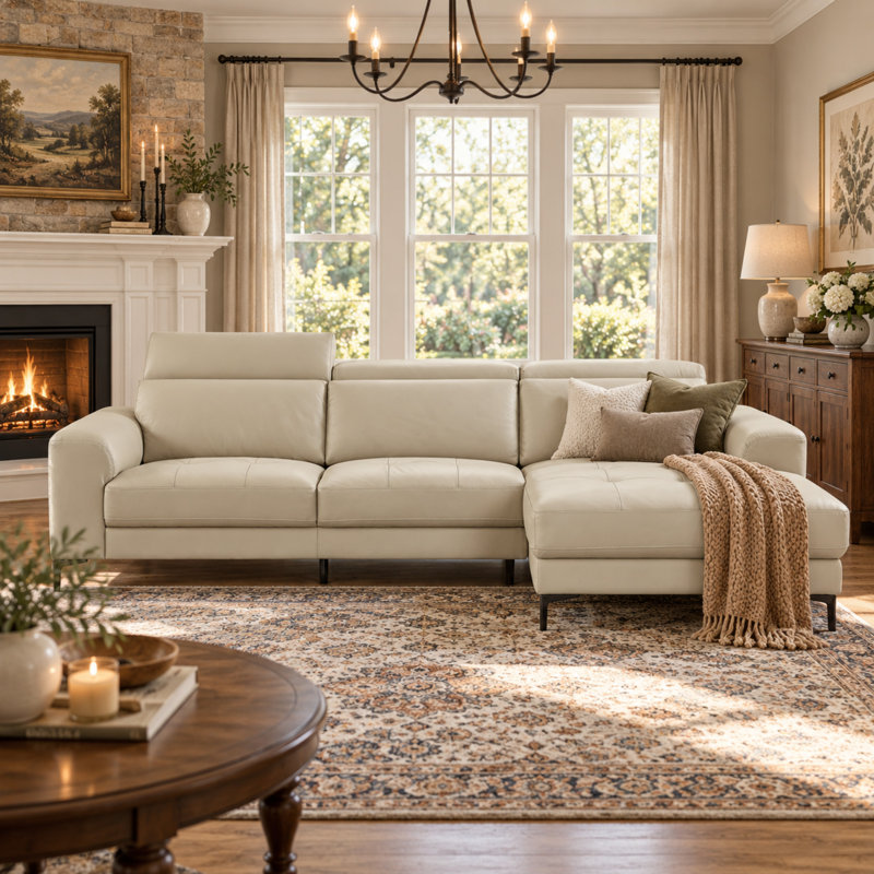 Ladonnia Gray Genuine Leather Sectional, L-Shaped Sofa with Adjustable Headrests,Leather Sofa with Right Hand Facing Chaise - Modern Classic Style