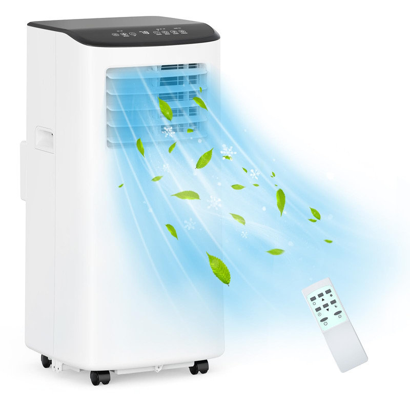 8,000 BTU Portable Air Conditioner With Fan & Dehumidifier, Cools Up To 350 Sq Ft, Remote, 24H Timer, Quiet, Easy Install Window Kit, White Body With Dark Top