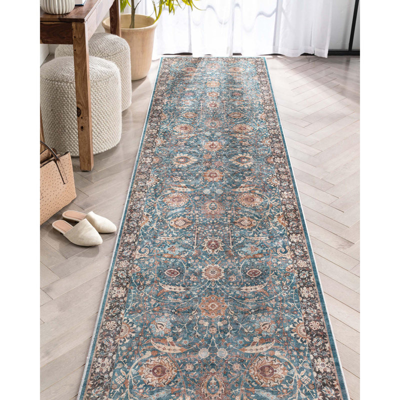  Tapis bleu sarcelle à tissage plat Asha Liana, Tapis de couloir 2 pi 7 po x 9 pi 6 po