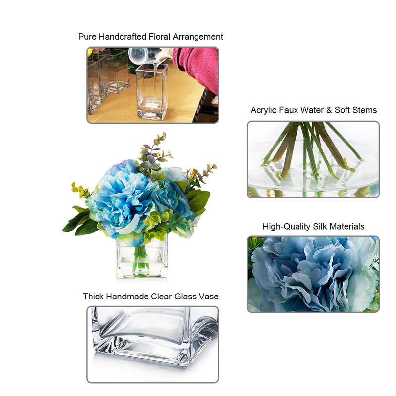 Blue Faux Silk Peony and Rose Arrangement in Glass Vase