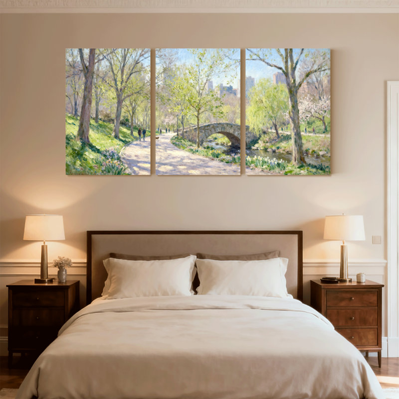 Scénario et paysages urbains, parc du printemps, pont, arbres, fleurs, ciel, ensemble de 3 toiles, H 36 po x l 72 po