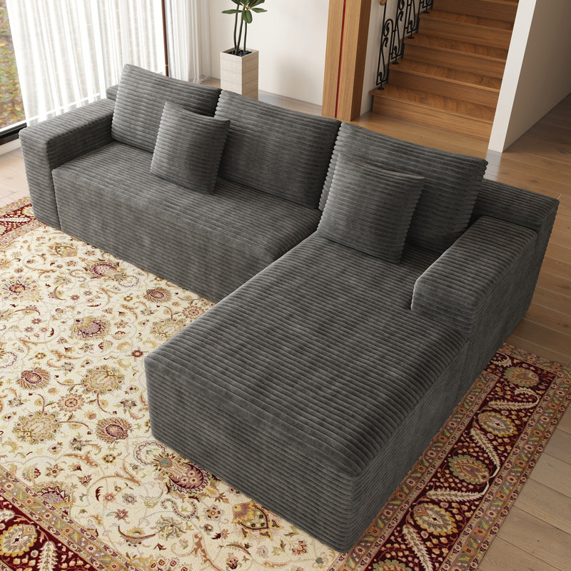 Koli Boneless 104" L-shaped Sectional Couch, Compression Sofa for 4 Person, Corduroy, Right Hand Facing, Gray Velvet