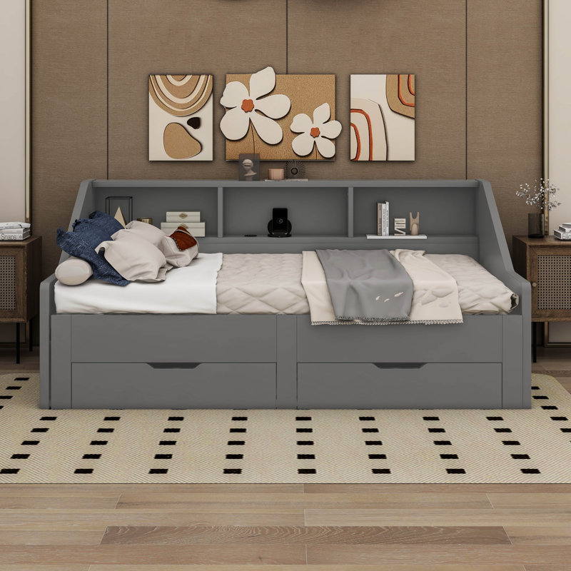 Carrol Twin to King Size Daybed Frame with Storage Bookcases, Two Drawers and Charging Design, Gray