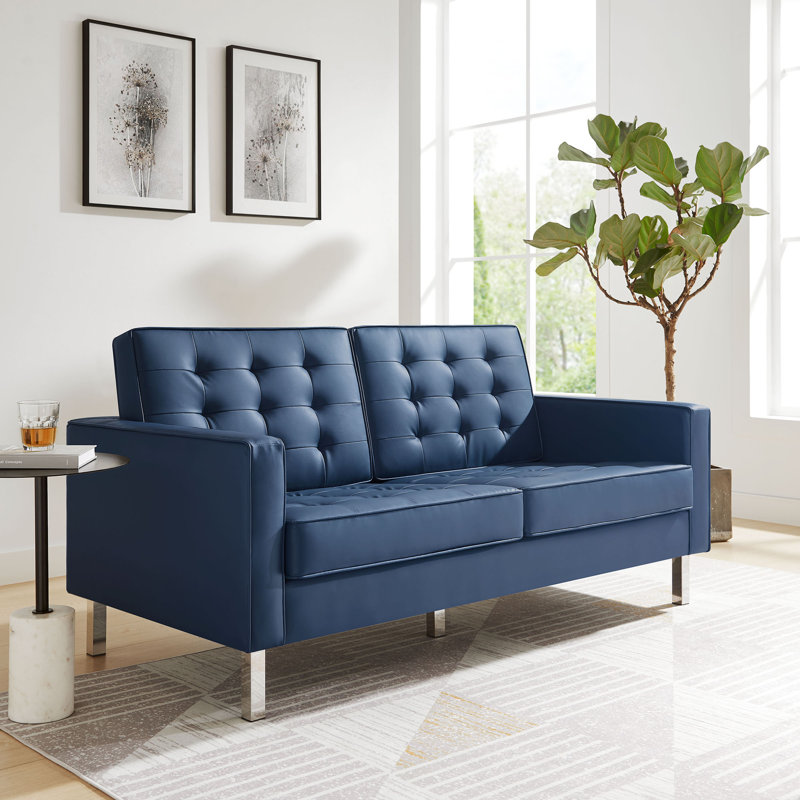 Loft Tufted Vegan Leather Loveseat, Faux Leather Navy