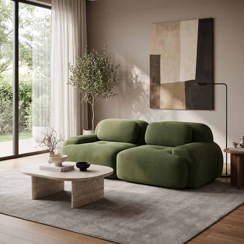Canapé modulable 2 places en velours côtelé vert, profil bas, avec accoudoirs incurvés, sans assemblage, 2 Seat