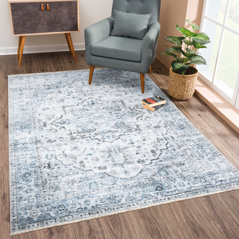 Tapis traditionnel lavable et antidérapant pour vestibule, couloir, salle de bain et cuisine, Rectangle 6 pi x 9 pi