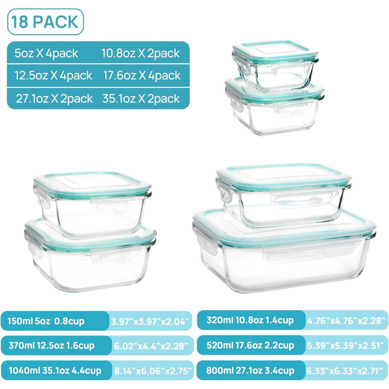 18 boîtes de rangement pour aliments en verre avec couvercles, contenants de préparation de repas, boîtes à bento hermétiques avec couvercles verrouillables pour micro-ondes, four, congélateur, lave-vaisselle, vert