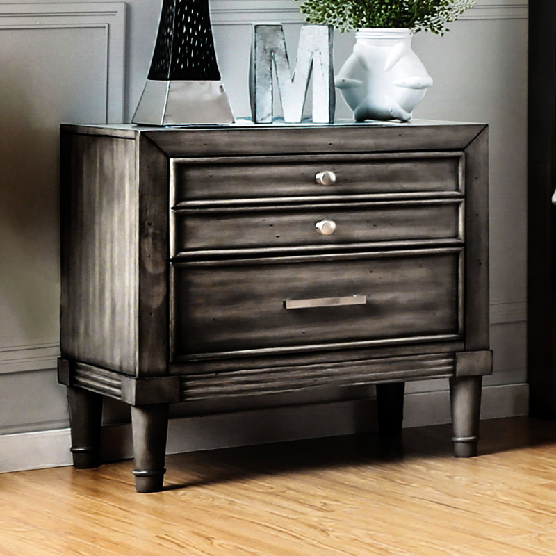 Table de chevet contemporaine en bois massif gris avec poignées épurées et tiroir de rangement caché, l 23,5 po x P 16 po H 24 po, 1 pièce de style transitionnel moderne, tiroirs doublés de feutre, poignée ronde en nickel, pour