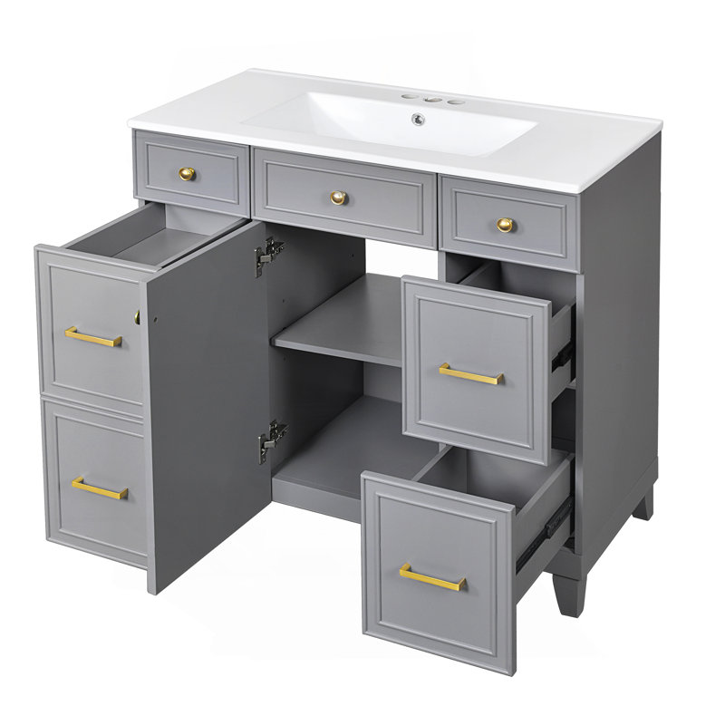Meuble-lavabo 36 po avec lavabo en céramique gris, structure en bois massif, portes à fermeture en douceur, tablettes réglables, 3 tiroirs, y compris un tiroir à double profondeur pour le rangement du sèche-cheveux