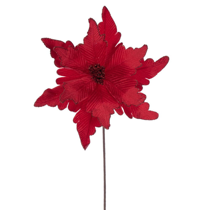Vickerman 13" x 20" Deluxe Velvet Poinsettia Stem. It includes three pieces per bag., Red