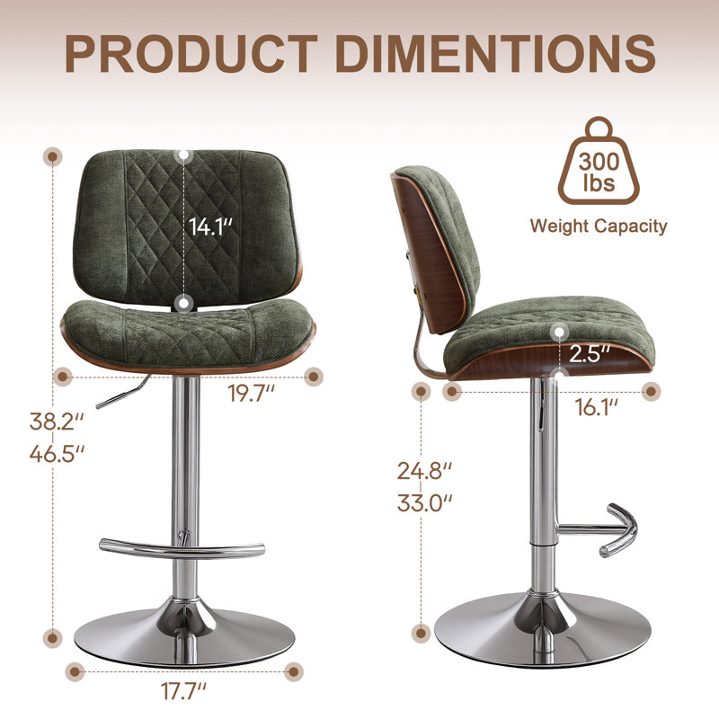 Tabouret de bar pivotant à hauteur réglable, siège en tissu de chenille avec structure en métal pour comptoir de cuisine (vert, ensemble de 2)
