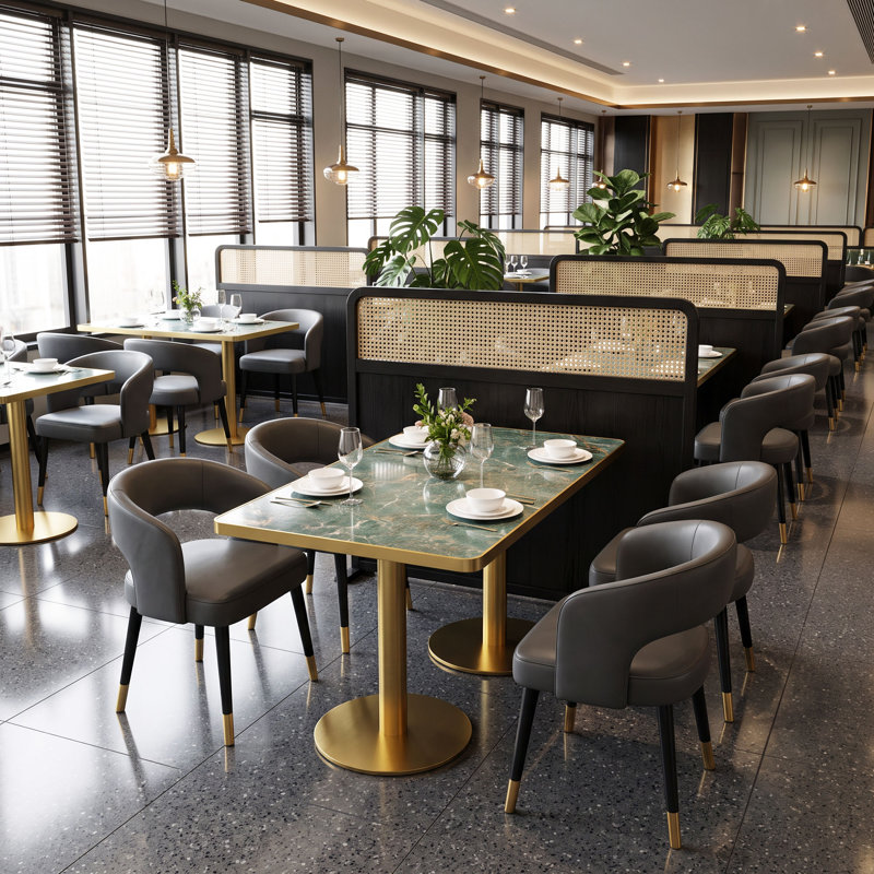 Tables de salle de pause rectangulaires en pierre frittée verte de 120 cm (47,2 po), avec pieds en acier inoxydable doré, pour 2 à 4 personnes.