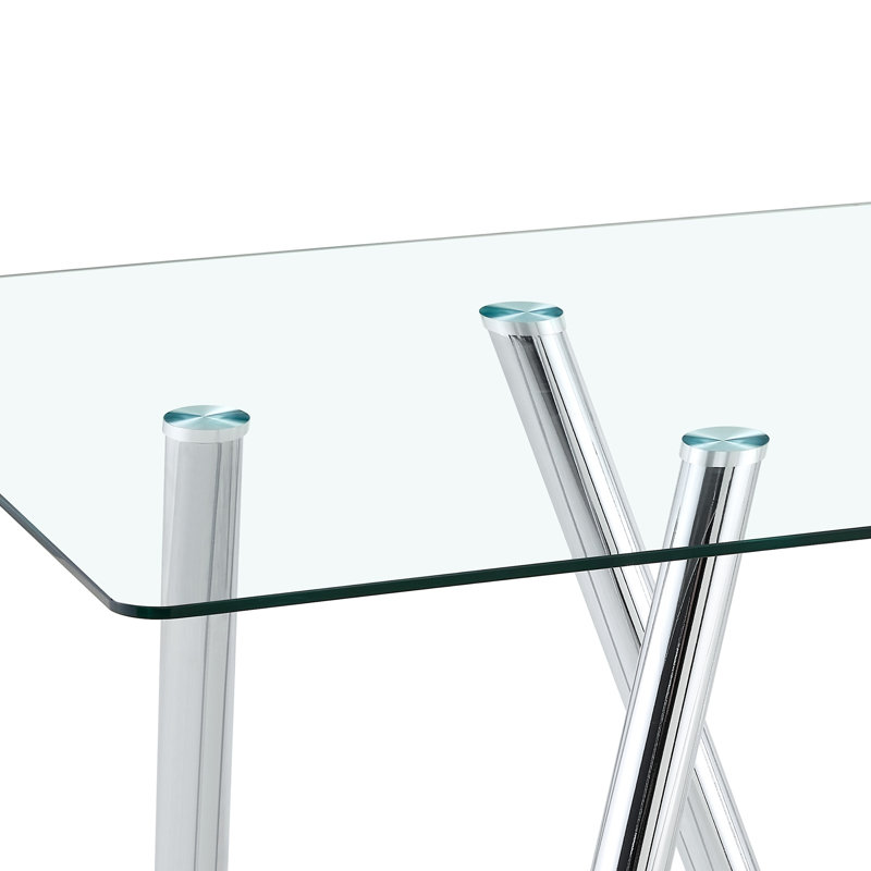 Table de salle à manger en verre trempé de 71 pouces avec pieds robustes en métal, Argent