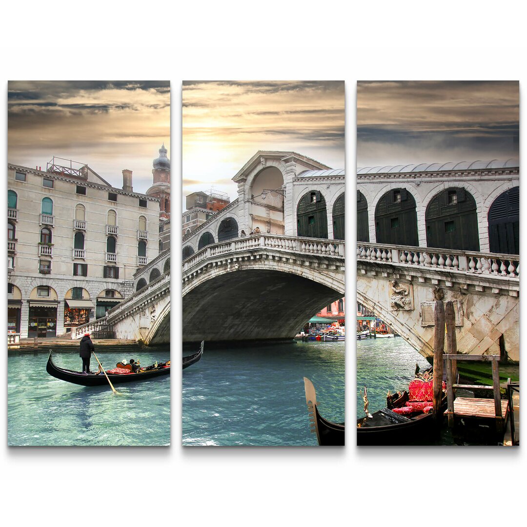 3-tlg. Leinwandbilder-Set Rialtobrücke mit Gondeln in Venedig